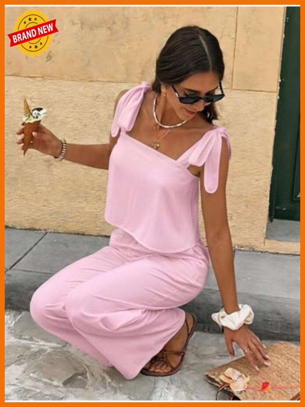 Women's 2 Piece Set Tie Shoulder Crop Top and Pants Travel Outfits - Picture 2 of 4